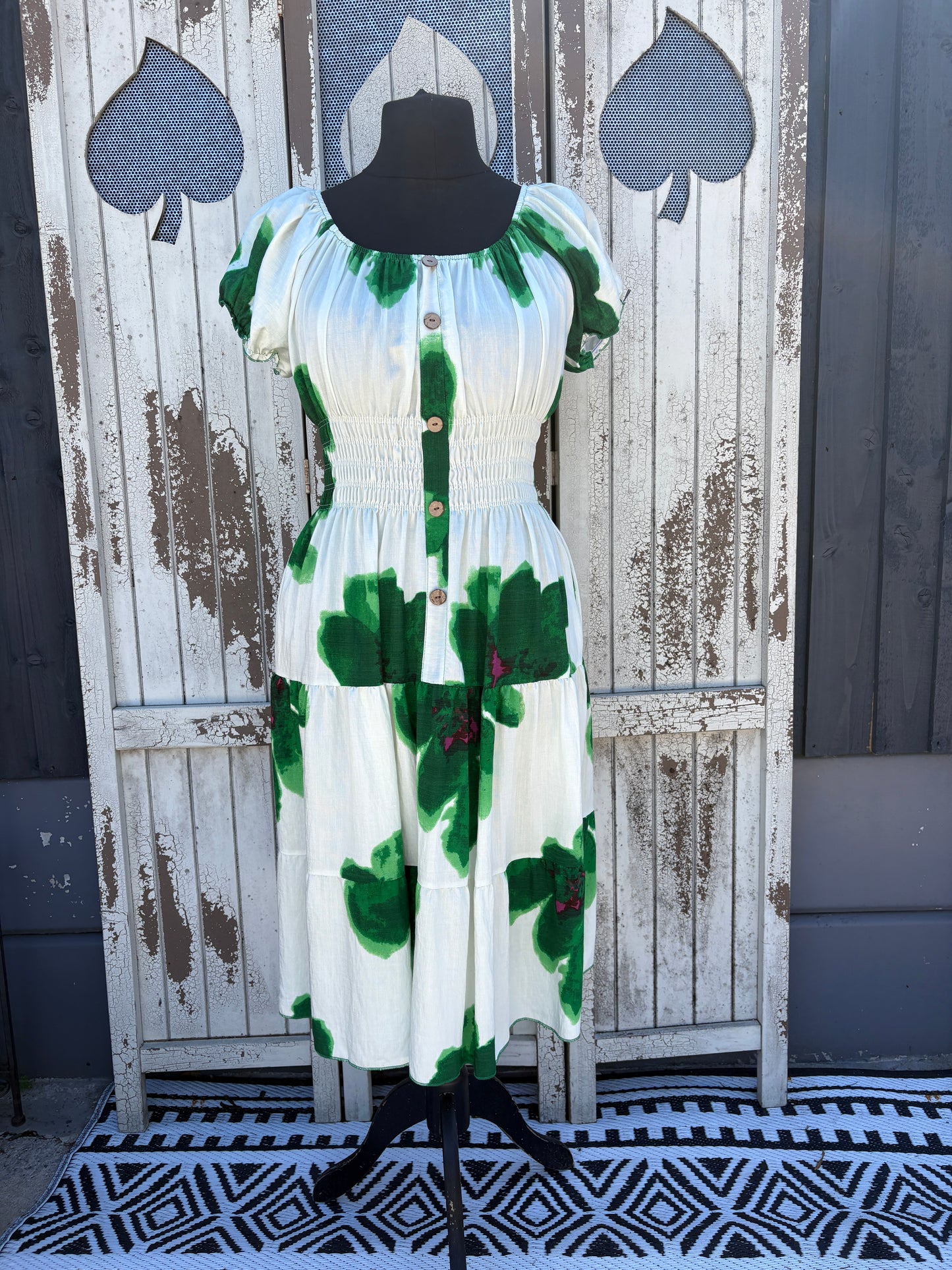 Ladies Summer Bardot Midi Dress – Large Flower Print Green – One Size (UK 10-20)