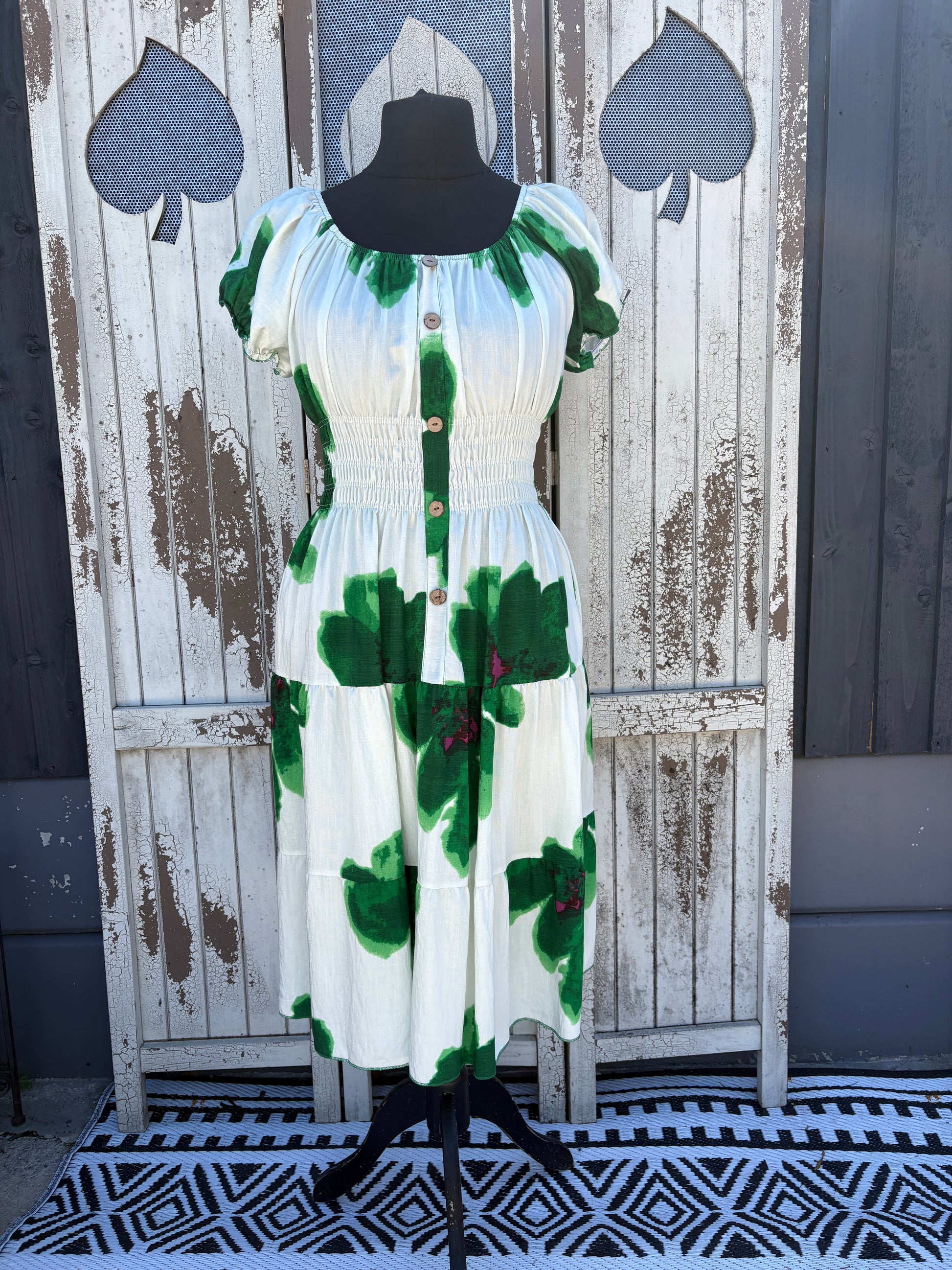 Ladies Summer Bardot Midi Dress – Large Flower Print Green – One Size (UK 10-20)