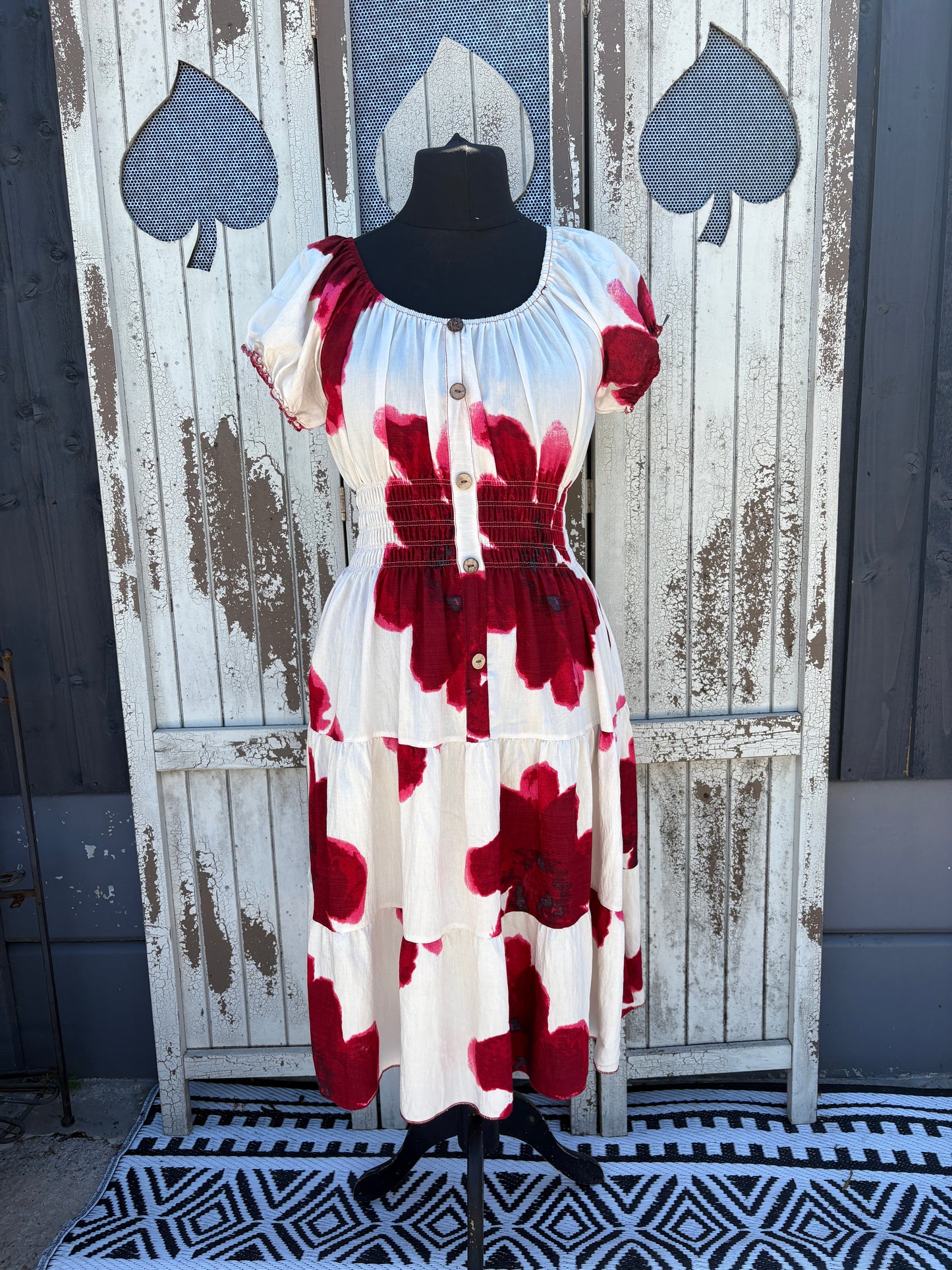 Ladies Summer Bardot Midi Dress – Large Flower Print Red – One Size (UK 10-20)