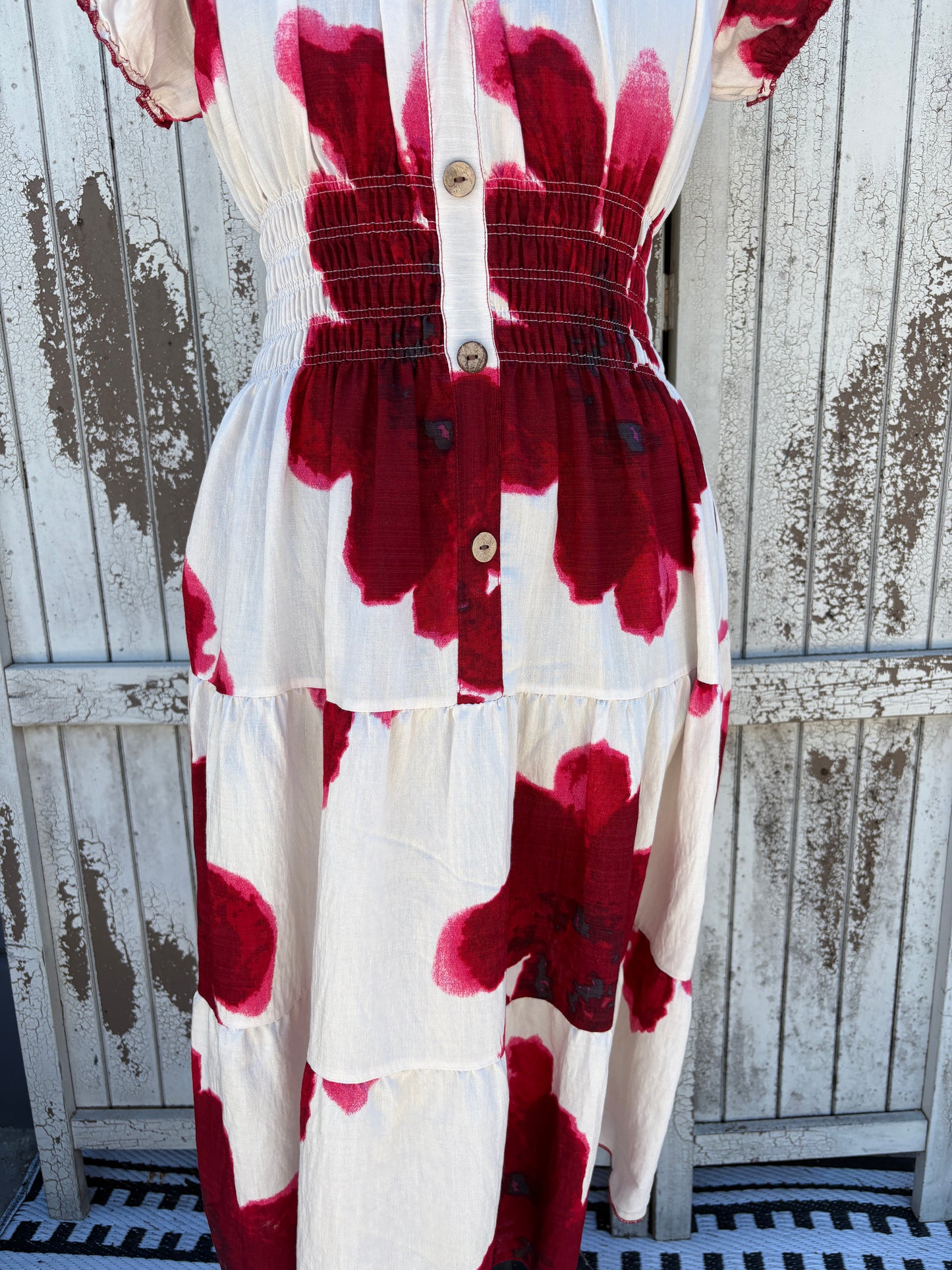 Ladies Summer Bardot Midi Dress – Large Flower Print Red – One Size (UK 10-20)