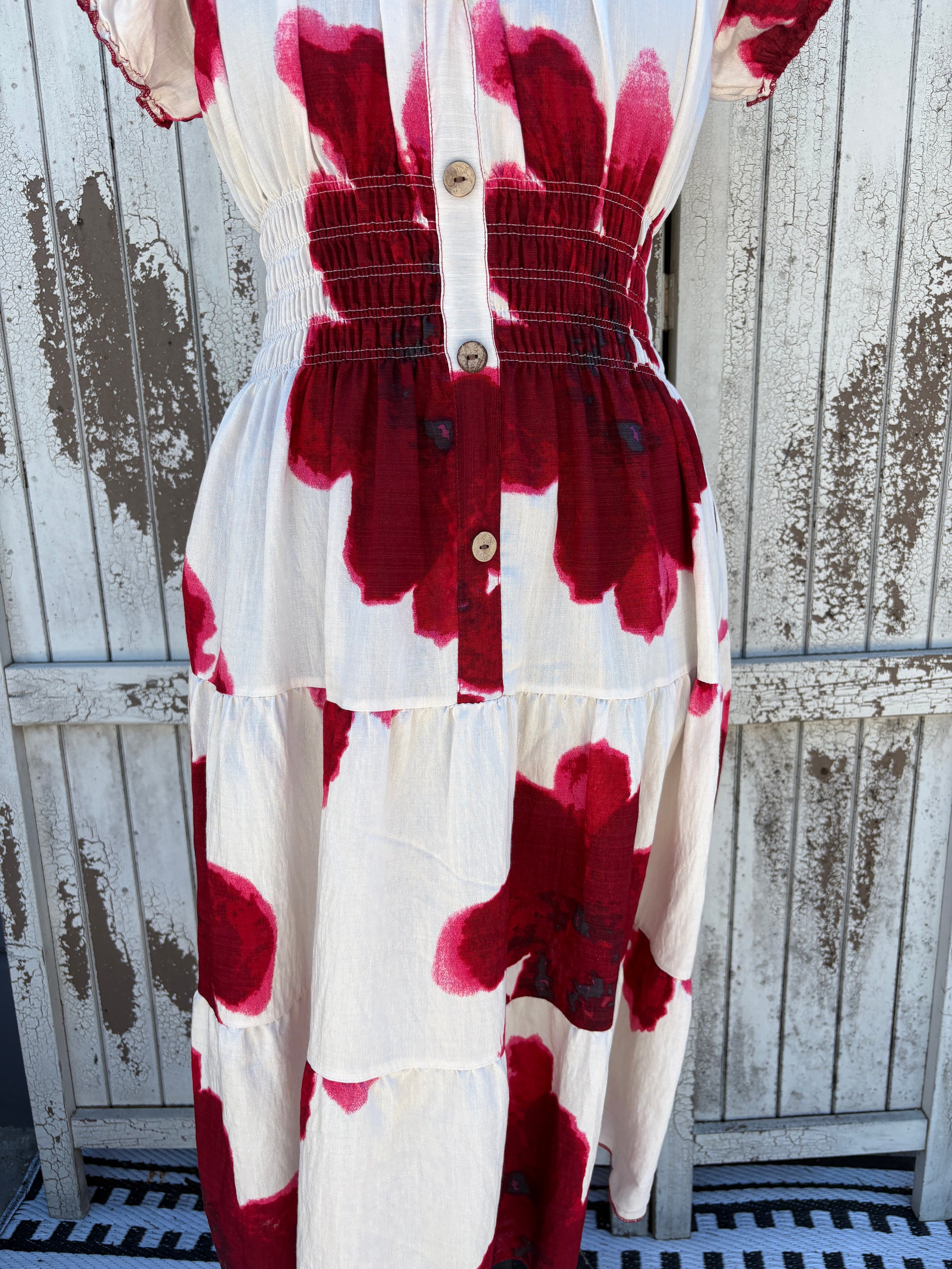 Ladies Summer Bardot Midi Dress – Large Flower Print Red – One Size (UK 10-20)