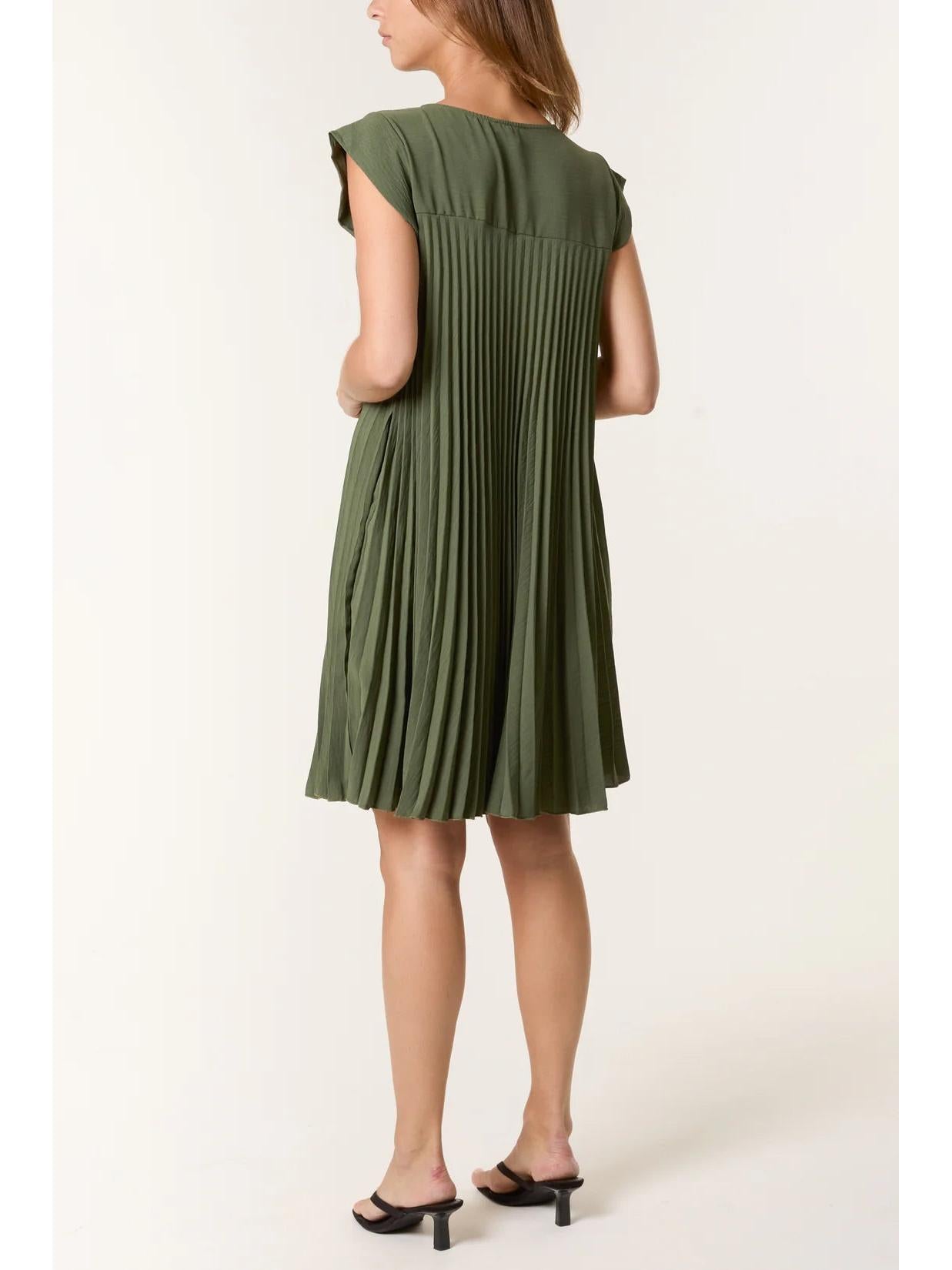 Made in Italy Cap Sleeve Pleated Mini Dress/Tunic - Khaki