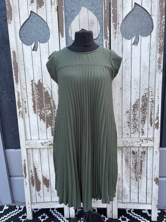 Made in Italy Cap Sleeve Pleated Mini Dress/Tunic - Khaki