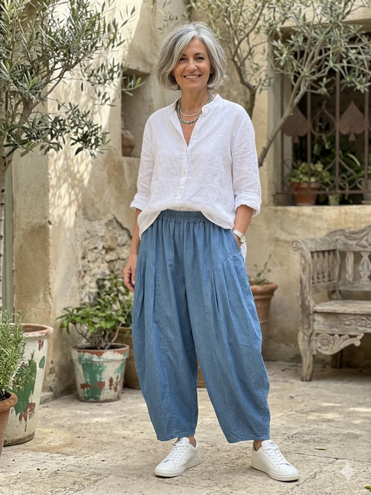 Made in Italy Lightweight Denim Barrel Shaped Cocoon Trousers Oversized Fit