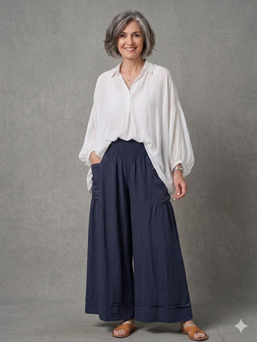 Made in Italy Palazzo Trousers with Cuffed Hem – Nautical-Inspired Various Colours