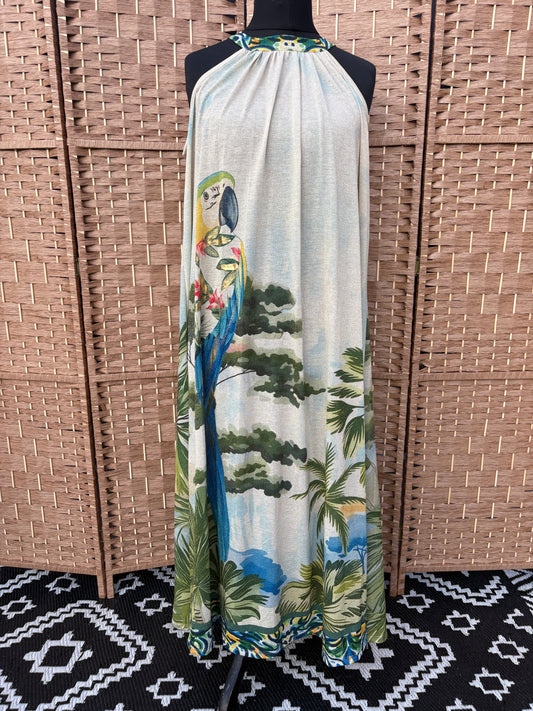 Made in Italy Tropical Parrot Print Halter Neck Maxi Dress