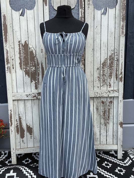 Striped Tie Waist Maxi Dress Various Sizes - Denim
