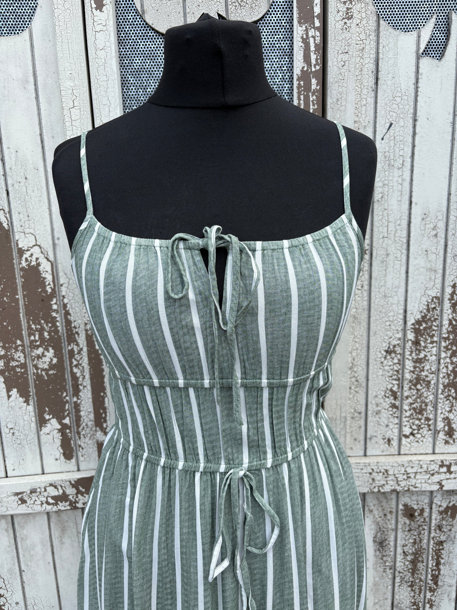 Striped Tie Waist Maxi Dress Various Sizes - Khaki