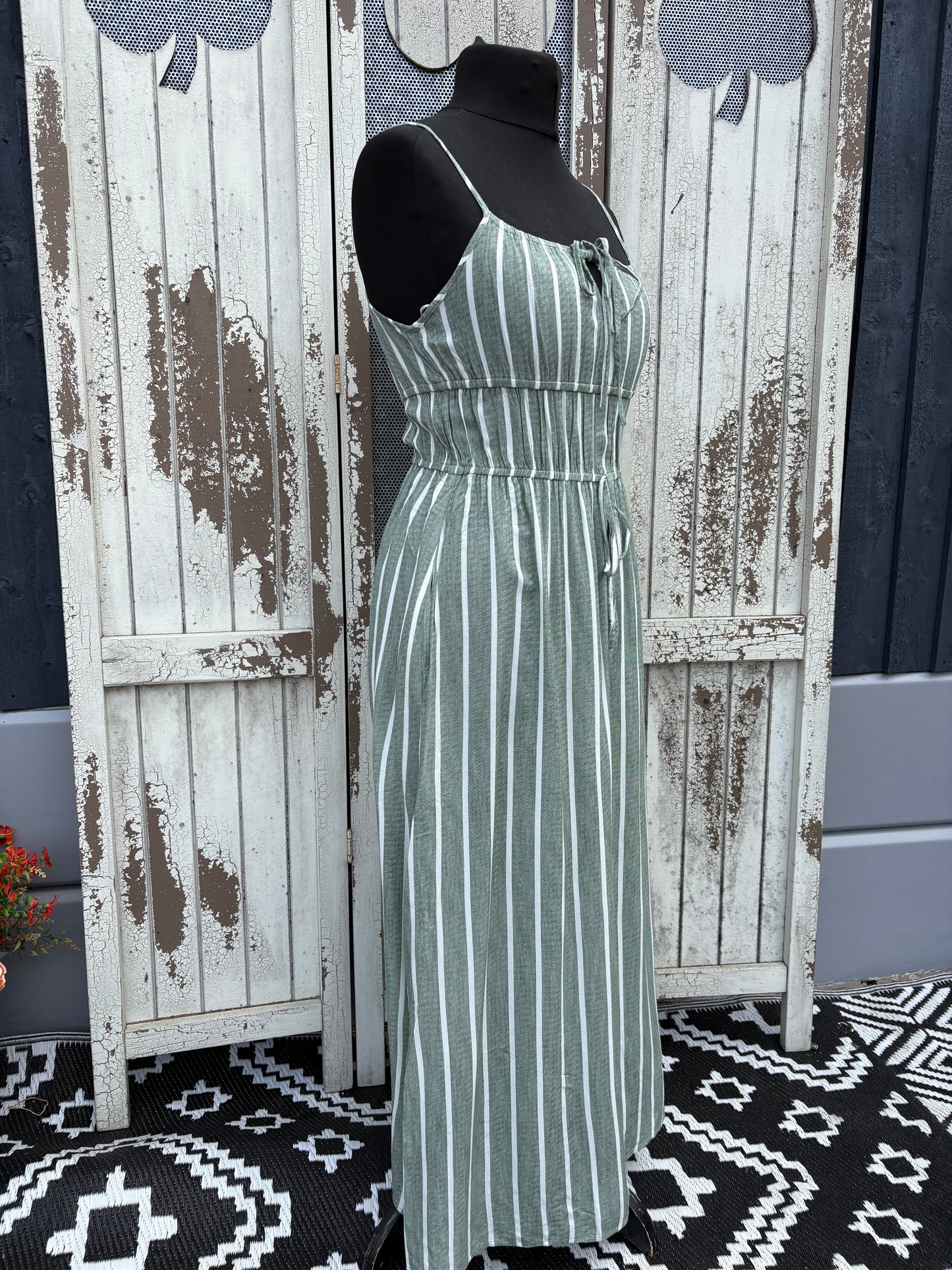 Striped Tie Waist Maxi Dress Various Sizes - Khaki