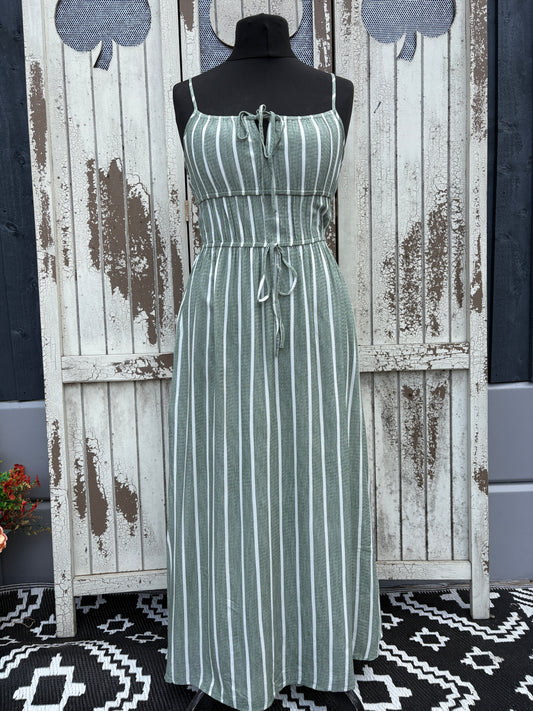 Striped Tie Waist Maxi Dress Various Sizes - Khaki